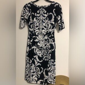 Connected Navy/White EASY CARE Jersey Elbow Slv Sheath DRESS cute EUC